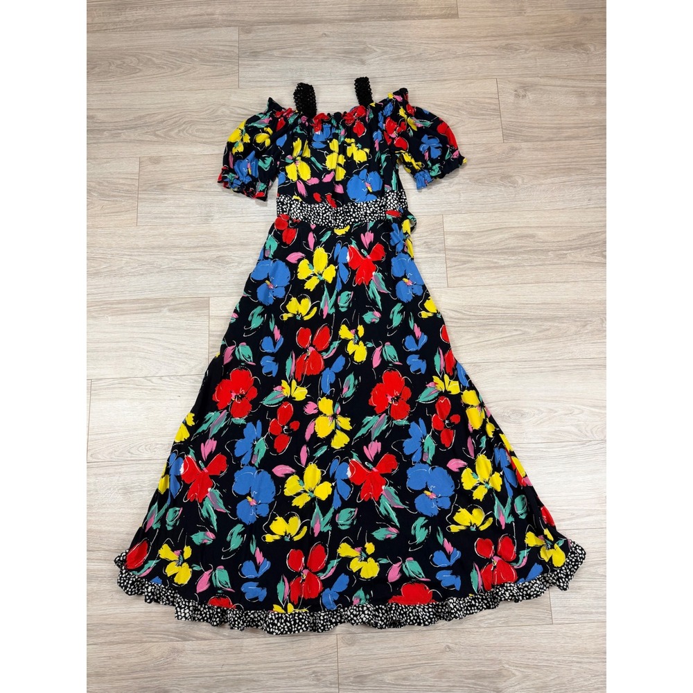 RIXO Floral Cold Shoulder Maxi Dress Black Red Blue Yellow Size‎ 6